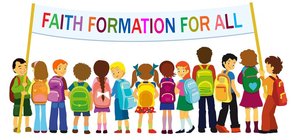 Diverse group of children holding a banner reading "FAITH FORMATION FOR ALL" with colorful backpacks.