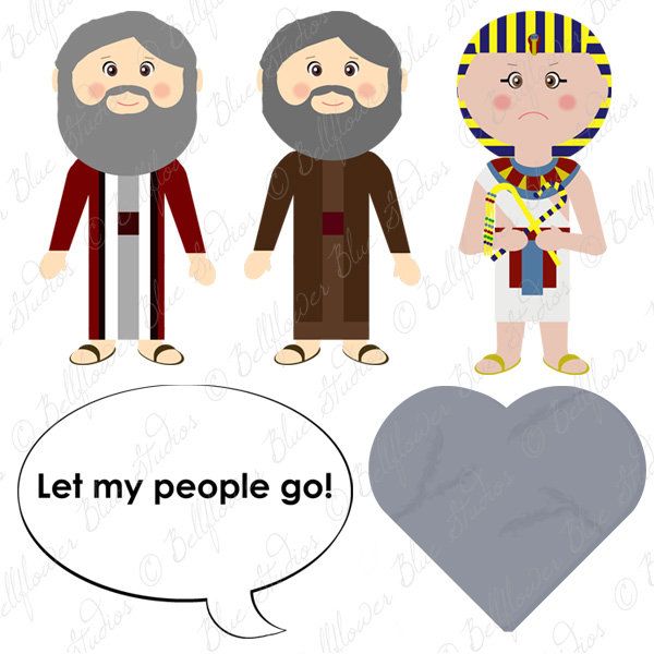 Moses and Aaron confront Pharaoh; speech bubble says “Let my people go!” with a stone heart symbol.