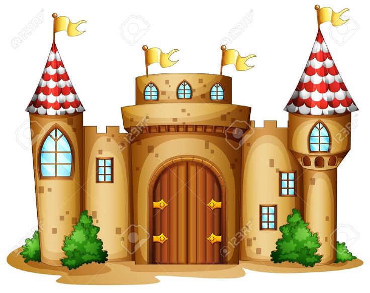 A whimsical cartoon castle with red-and-white conical towers, yellow flags, arched windows, and a wooden door flanked by green bushes.