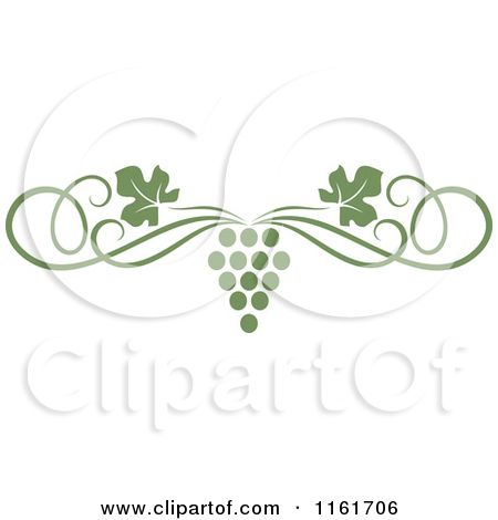 Stylized green grape cluster with vine swirls and leaves on white background.