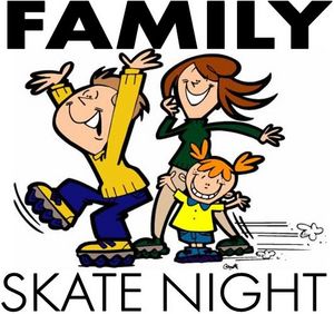 Cartoon family of three joyfully roller skating together with "FAMILY SKATE NIGHT" text above and below.