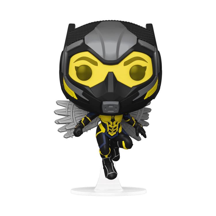 Funko Pop figure of Wasp in black and yellow suit with wings, posed mid-flight on display stand.