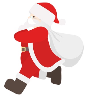 Santa Claus in red suit running with gift sack over shoulder, cartoon style.