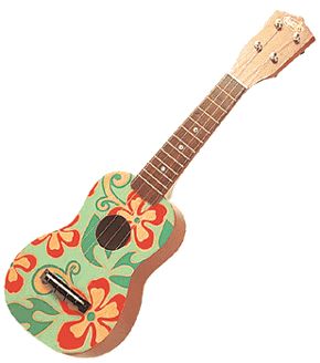 Decorative floral-patterned soprano ukulele with green body, orange flowers, and wooden fretboard.