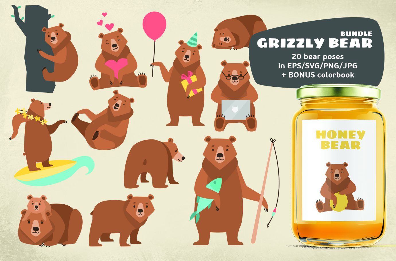 Collection of 20 illustrated grizzly bear poses in various fun scenarios, plus a honey jar labeled "Honey Bear" and bonus coloring book.