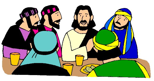 Jesus sharing a meal with disciples, one washing feet, in colorful cartoon style.