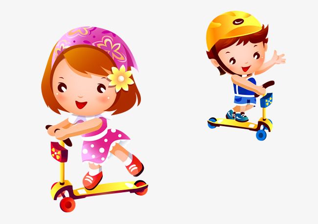 Two smiling cartoon children riding colorful scooters-one girl in pink with a flower headband, one boy in blue with a yellow helmet.