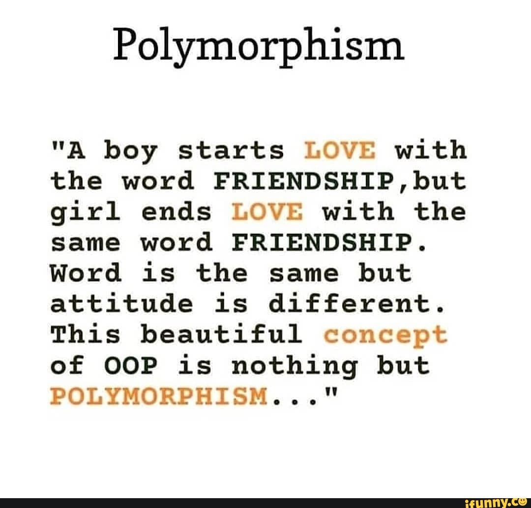 Humorous meme illustrating polymorphism in OOP using the word "FRIENDSHIP" with changing context and meaning.