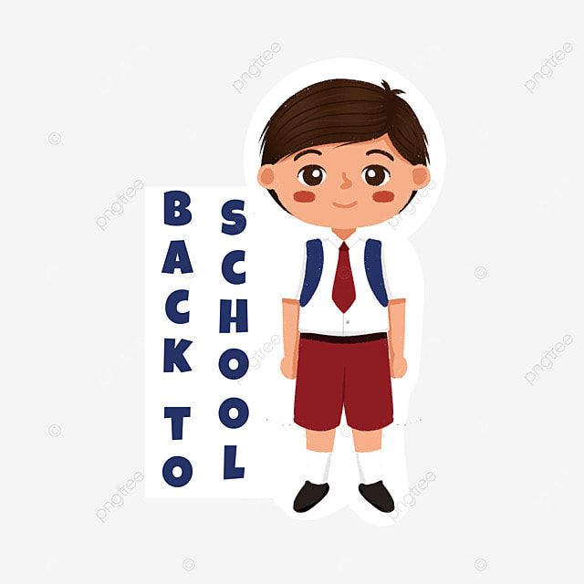 Cartoon boy in school uniform with "Back to School" text beside him.