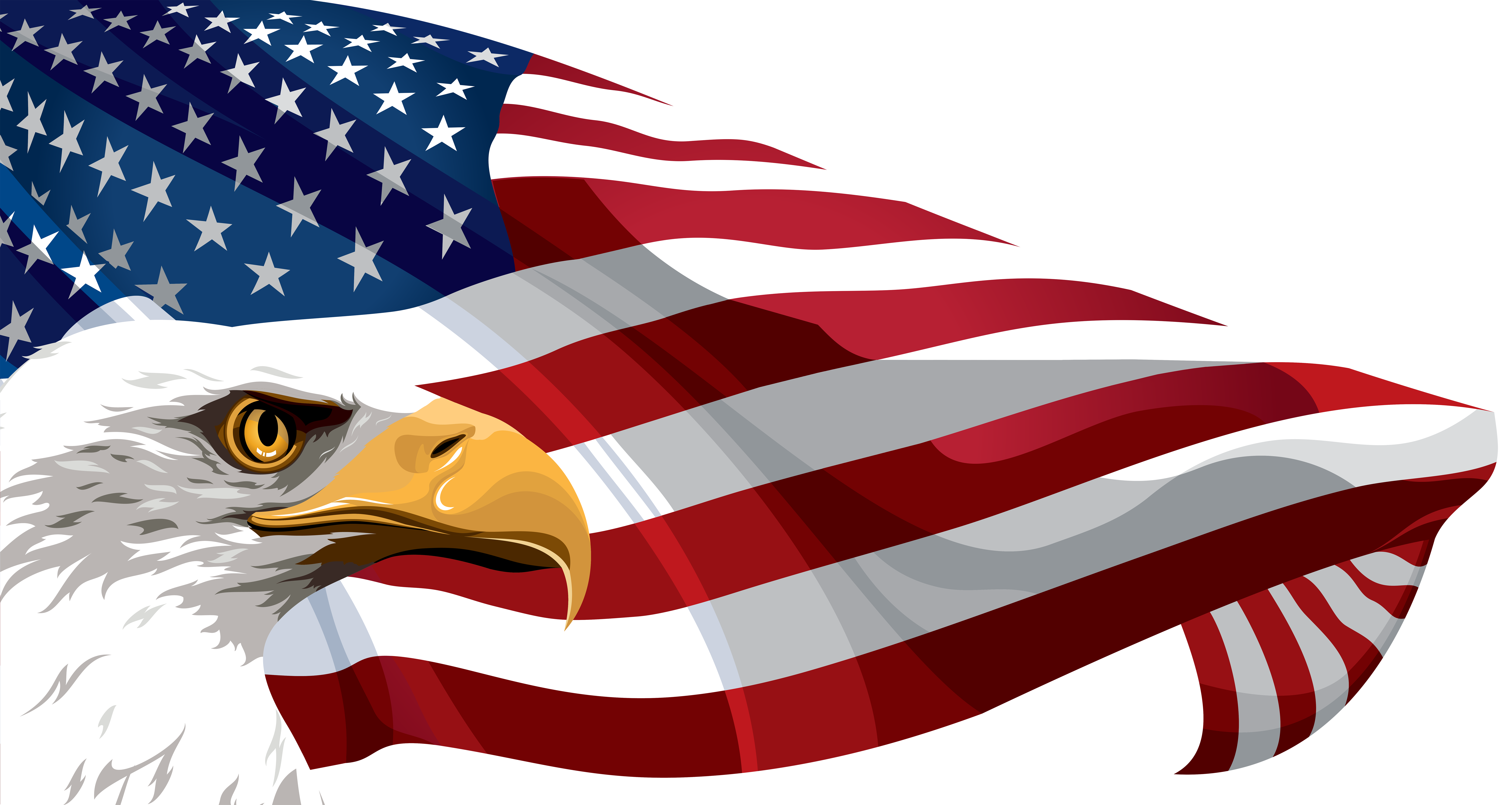 Bald eagle head overlaid with waving American flag, symbolizing patriotism and national pride.