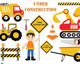 Construction-themed clipart featuring a worker, vehicles, tools, and "Under Construction" signs.