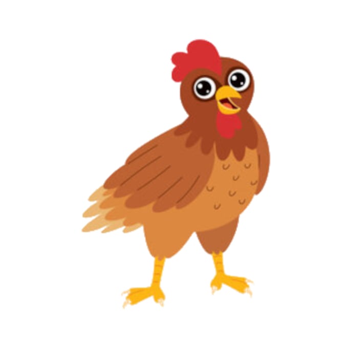 Friendly cartoon brown chicken with red comb and wattle, standing upright with open beak.