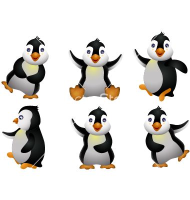 Six cartoon penguins in playful poses with orange beaks and feet, white bellies, and black backs.