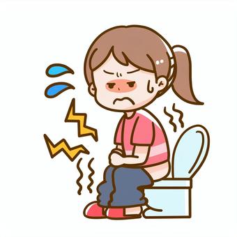 A cartoon girl sitting on a toilet with a distressed expression, showing symptoms of stomach pain or diarrhea.