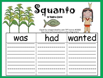 Educational worksheet titled "Squanto" by Regina Davis featuring corn, a fish, and a Native American figure with verb columns: was, had, wanted.
