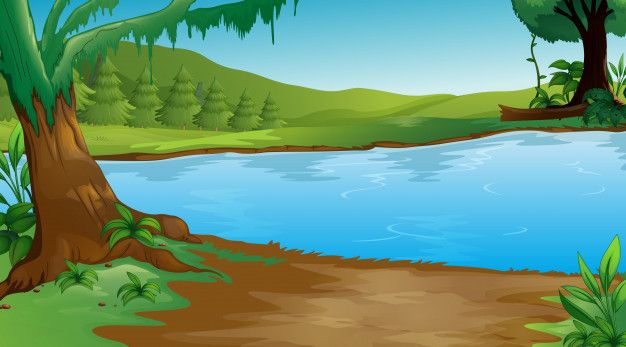 Serene cartoon-style riverbank with lush green trees, hills, and calm blue water under a clear sky.