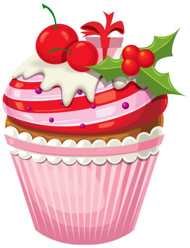 Festive cupcake with red-and-white striped frosting, cherries, holly, and a tiny gift box on top.