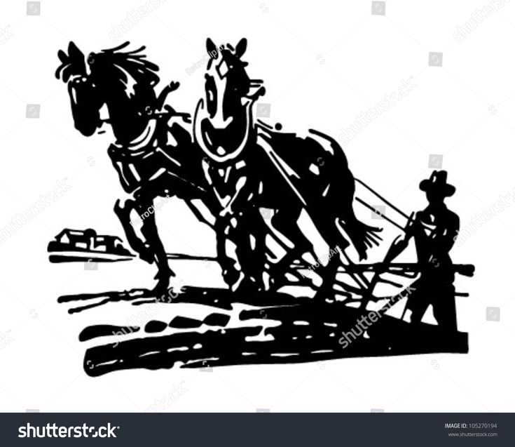 Black-and-white silhouette of a farmer plowing a field with two horses and a traditional plow.
