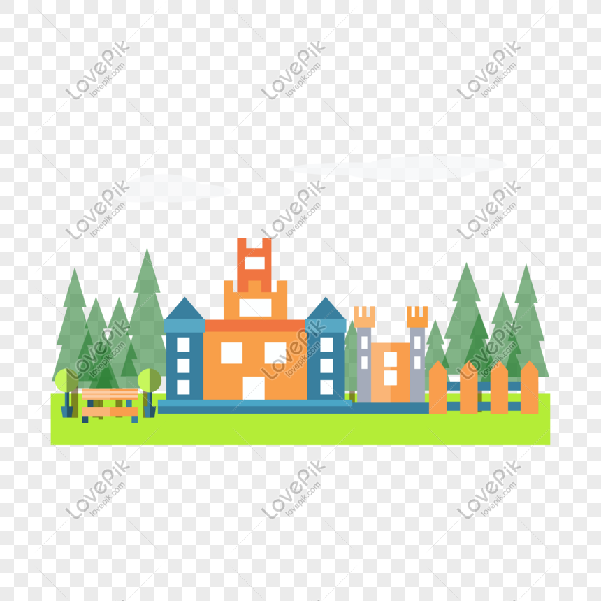 Colorful flat-style illustration of a whimsical village with castle-like buildings, evergreen trees, and a park bench on green grass.