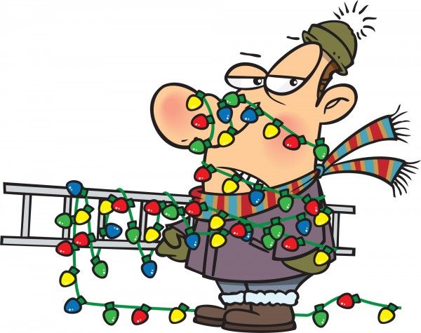 Frustrated man tangled in colorful Christmas lights while holding a ladder, wearing winter gear.