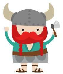 Cartoon Viking with horned helmet, red beard, and axe, smiling and raising arms.