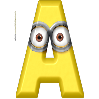 A bright yellow 3D letter 'A' with large Minion-style googly eyes and silver goggle frames.