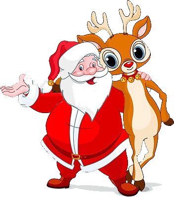 Santa Claus smiling and gesturing beside Rudolph the Red-Nosed Reindeer with large eyes and a shiny red nose.