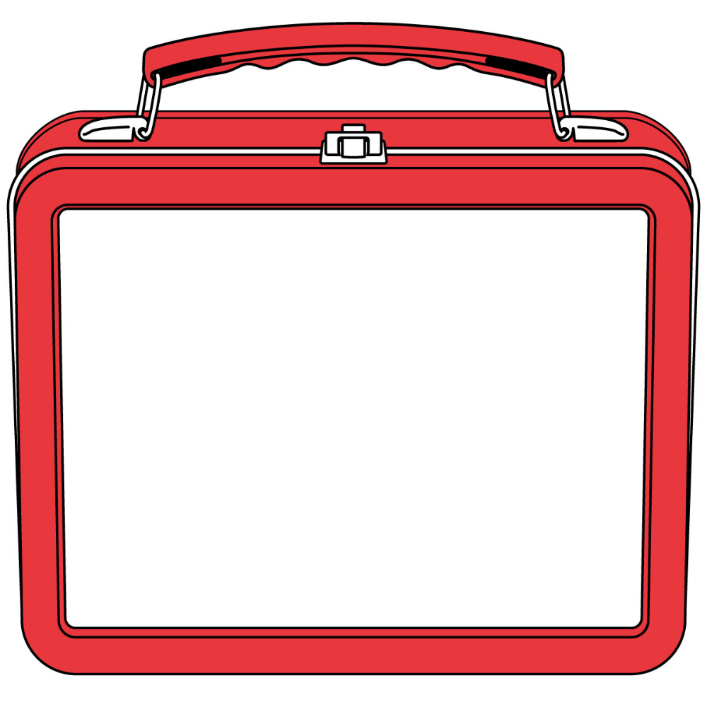 Classic red metal lunchbox with handle and latch, blank front panel for customization.