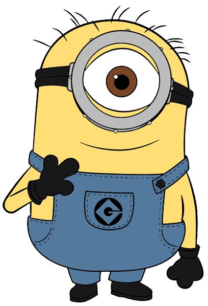A cheerful yellow Minion with one eye, wearing blue overalls and black gloves, waving.