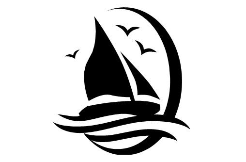 Silhouette of a sailboat on waves with birds flying near a crescent moon.