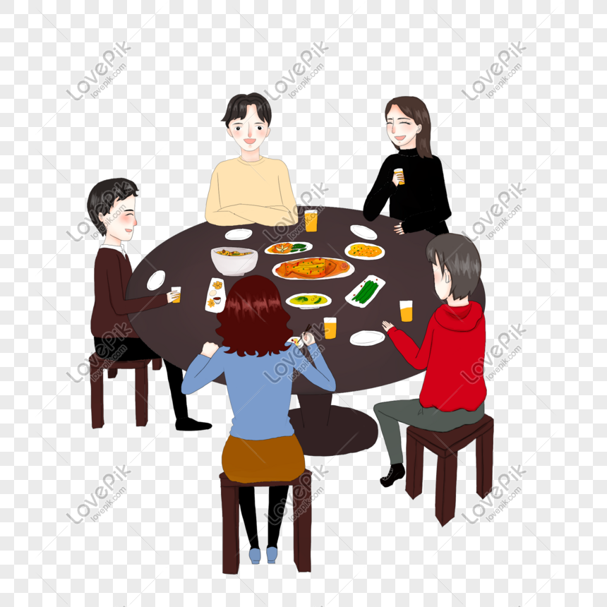 Five friends enjoying a joyful dinner together around a round table filled with colorful dishes and drinks.