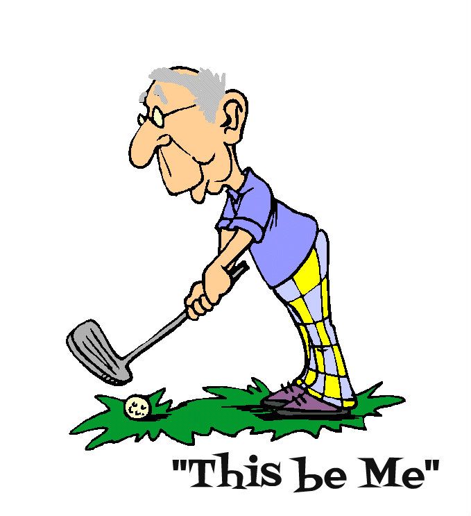 Cartoon elderly man in colorful checkered pants golfing with a skull-faced ball and text "This be Me"