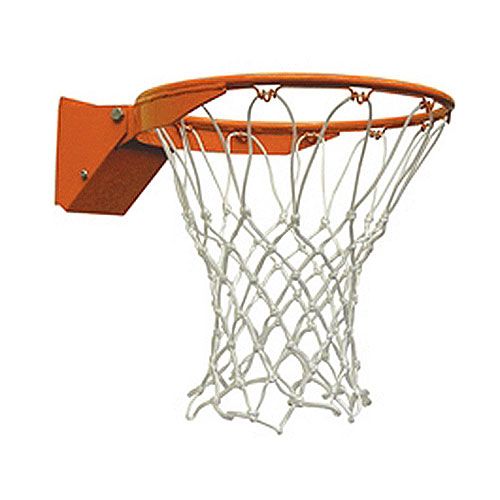 Orange basketball rim with white net attached to a wall-mounted backboard support bracket.