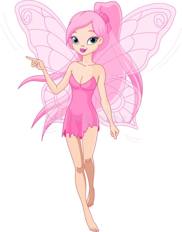 Pink fairy with translucent wings pointing forward, wearing a matching pink dress and smiling.