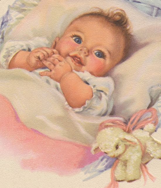 Vintage Baby Illustration with Stuffed Lamb - Nostalgic Nursery Art