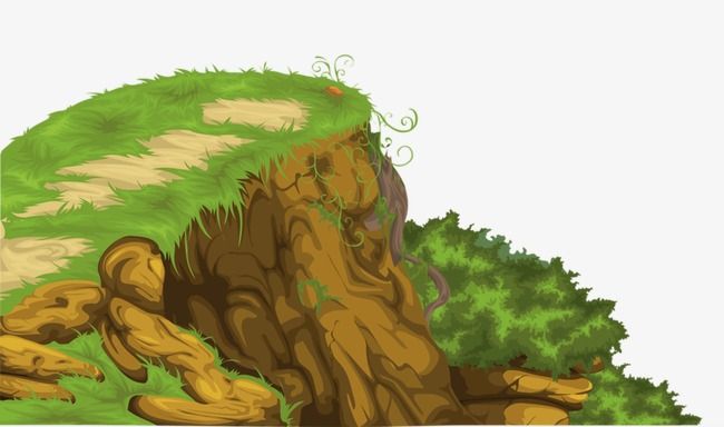 A lush green hillside with exposed earthy roots and vines, featuring a small red berry on top.