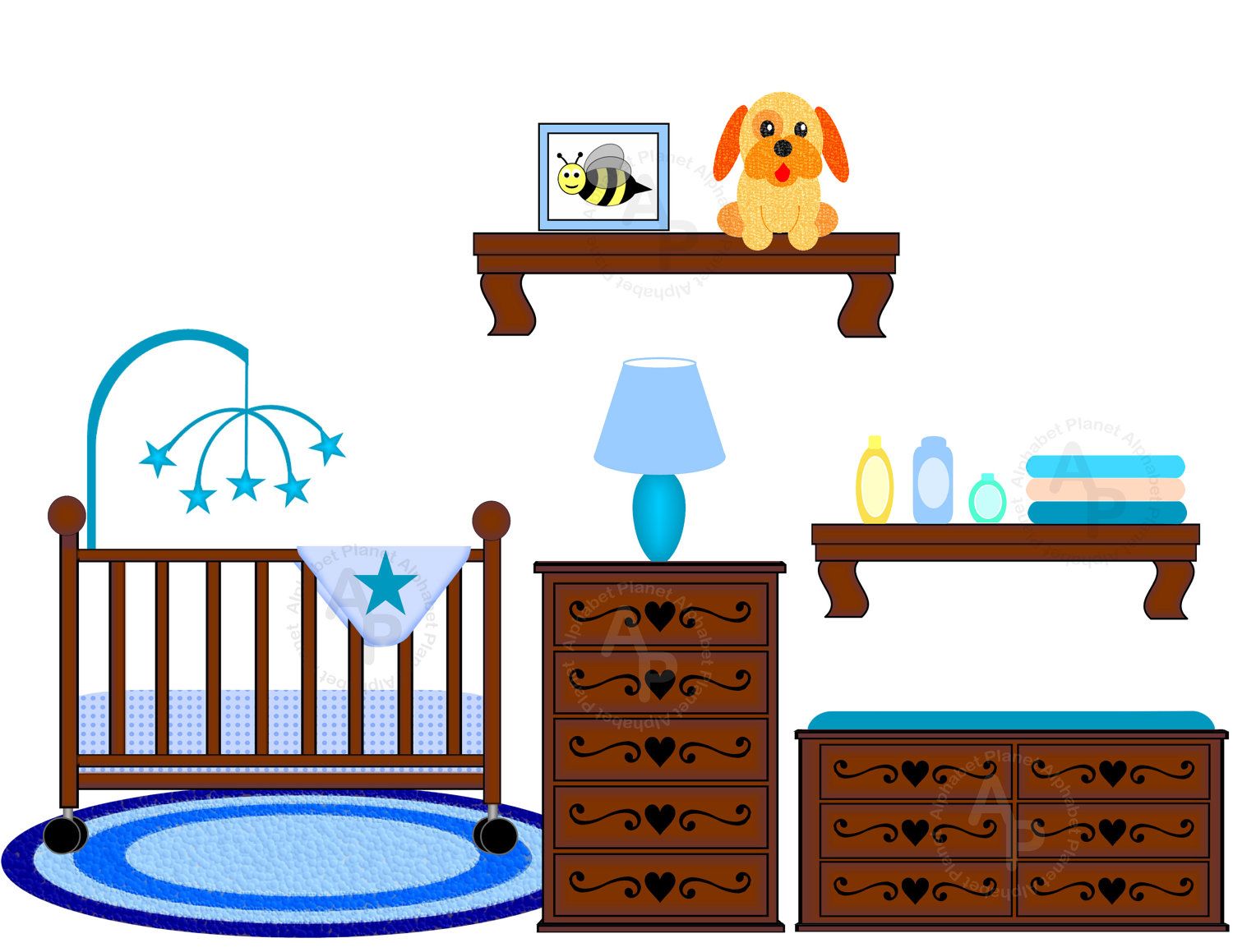 Cozy blue-themed baby nursery with wooden crib, dresser, changing table, mobile, lamp, and plush dog toy.