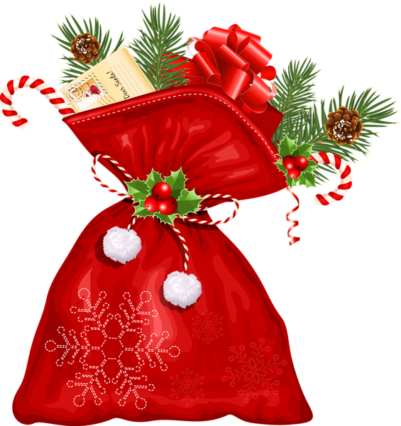 Red Christmas gift sack overflowing with pine branches, candy canes, holly, and a letter to Santa.