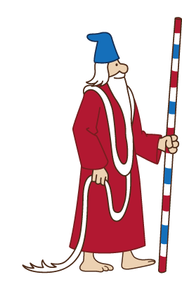 A cartoon wizard with a blue pointed hat, long white beard, red robe, and striped staff, barefoot with a tail.