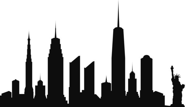 Silhouette of New York City skyline featuring iconic skyscrapers and the Statue of Liberty against a white background.