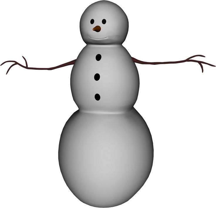 Classic three-tier snowman with coal eyes and buttons, carrot nose, and twig arms, isolated on white background.