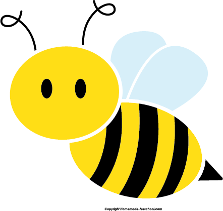 Cheerful cartoon bumblebee with yellow body, black stripes, light blue wings, and antennae on white background.