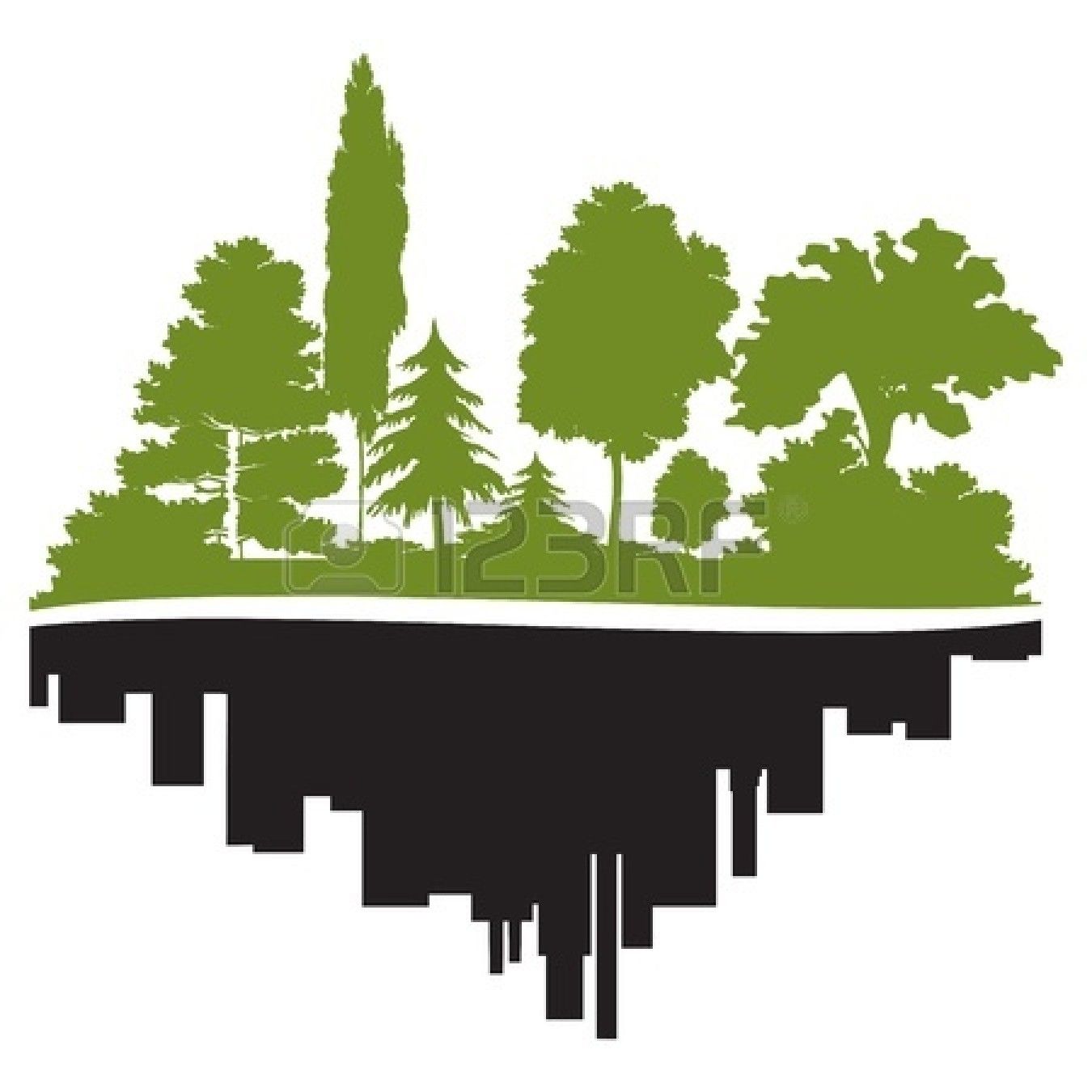Green forest silhouette above black city skyline reflection, symbolizing nature-urban balance.