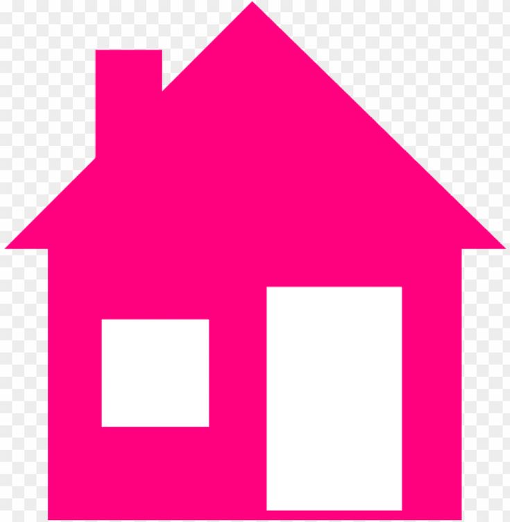 Bright pink minimalist house icon with chimney, square window, and rectangular door on transparent background.