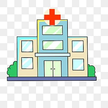 Cartoon-style hospital building with red cross on roof, green bushes, and glass windows.
