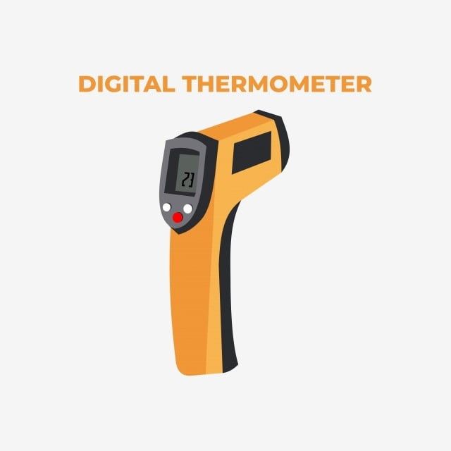 Orange digital infrared thermometer with LCD display showing "21", used for non-contact temperature measurement.
