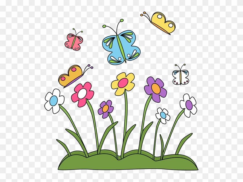 Colorful cartoon butterflies flying over a patch of vibrant spring flowers and green grass.