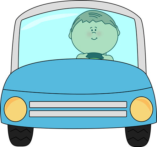 A smiling cartoon child driving a blue car with yellow headlights and a clear windshield.