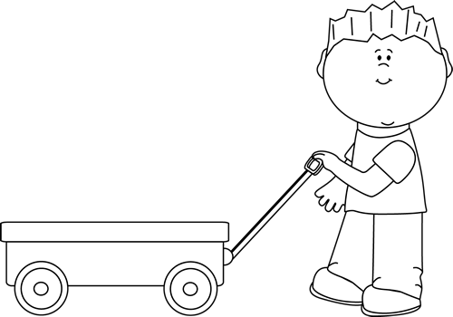 A smiling child with spiky hair pulls a simple two-wheeled wagon by its handle.