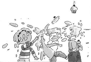 Children in a chaotic cupcake food fight, splattering frosting and crumbs mid-air.